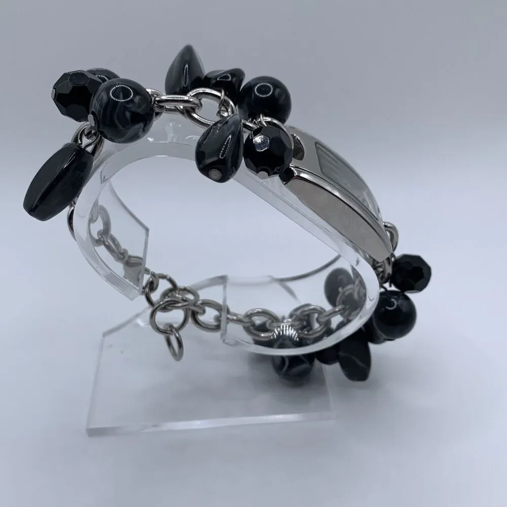Vintage AVENUE Womens Silver Tone Black Gray Bead Bracelet Quartz Watch A56
